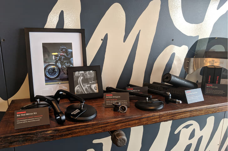 The optional mirrors and handlebar grips available with the Royal Enfield twins.